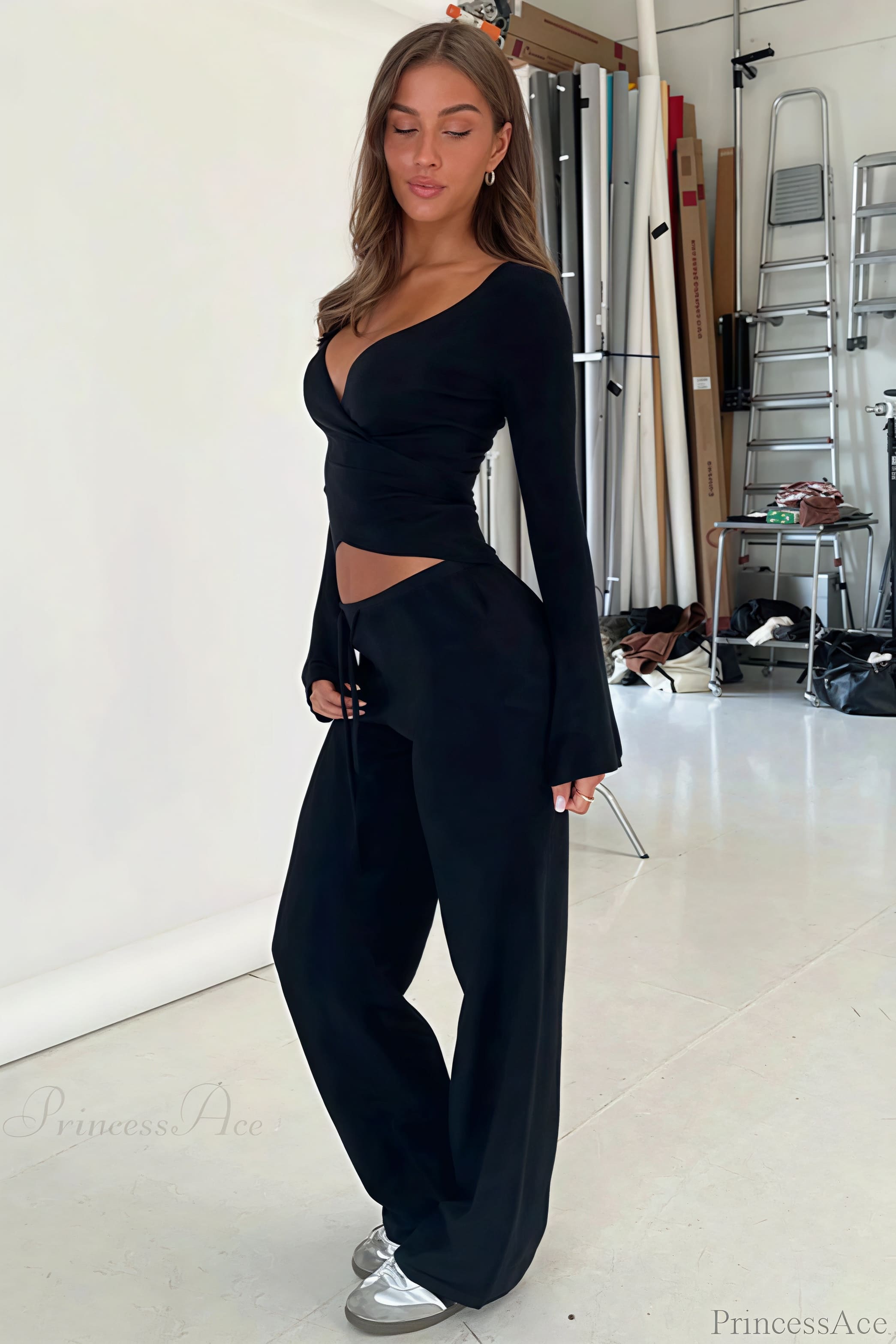 Y2K Sexy V-Neck Fitted Top Casual Pants Two Piece Set image 10
