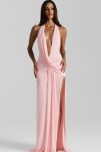 Solid Halter Deep V Backless Slit Floor Maxi Dress image 15
