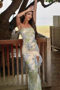 Oil Painting Print Strapless Bodycon Waist-Cinched Split Maxi Dress image 4