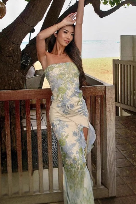 Oil Painting Print Strapless Bodycon Waist-Cinched Split Maxi Dress image 4