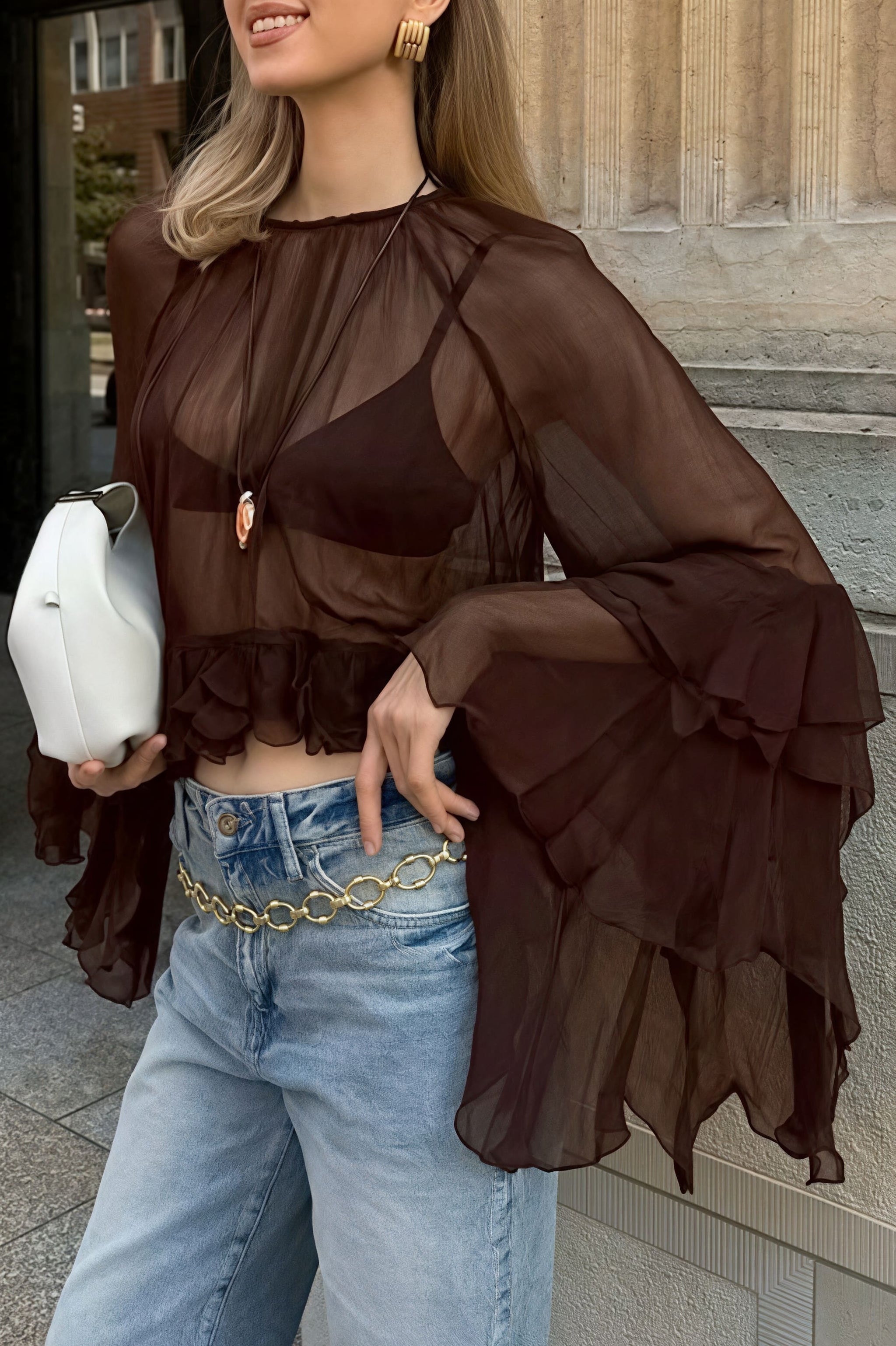 Loose Fit Ruffled Chiffon Round Neck Blouse image 2