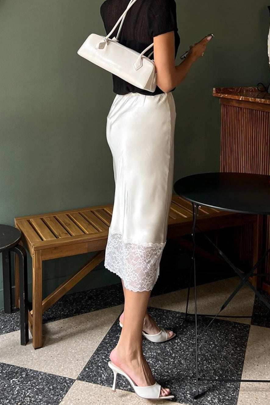Solid Satin Lace Trim Bodycon Skirt image 4