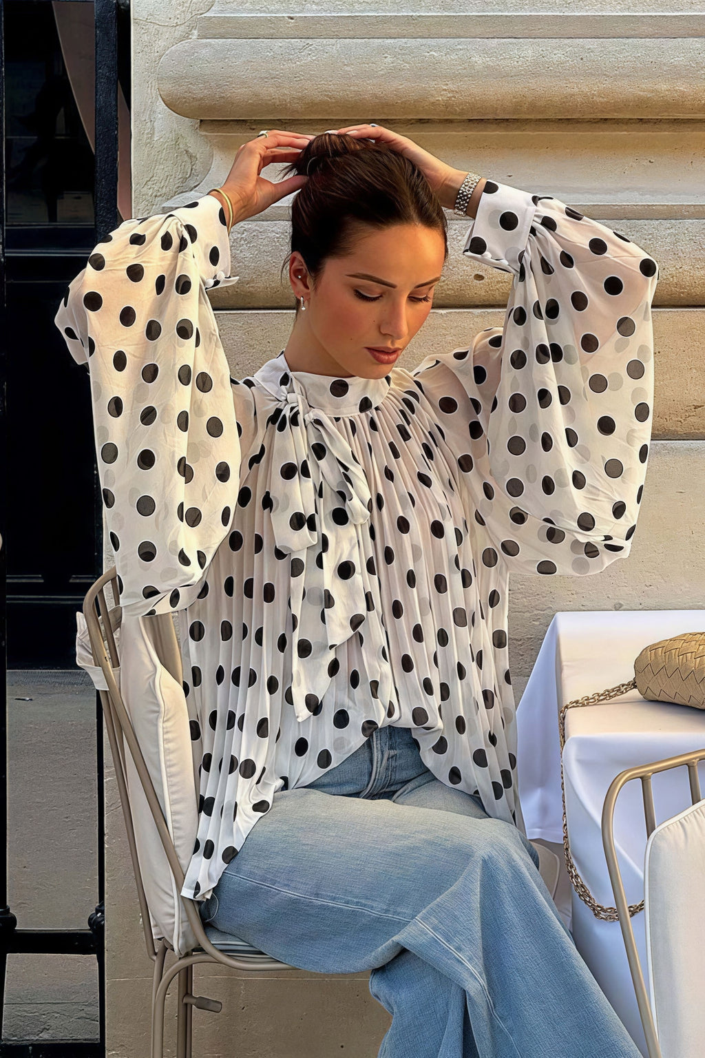 Polka Dot Tie Sheer Lantern Sleeve Blouse image 3