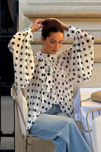 Polka Dot Tie Sheer Lantern Sleeve Blouse image 3