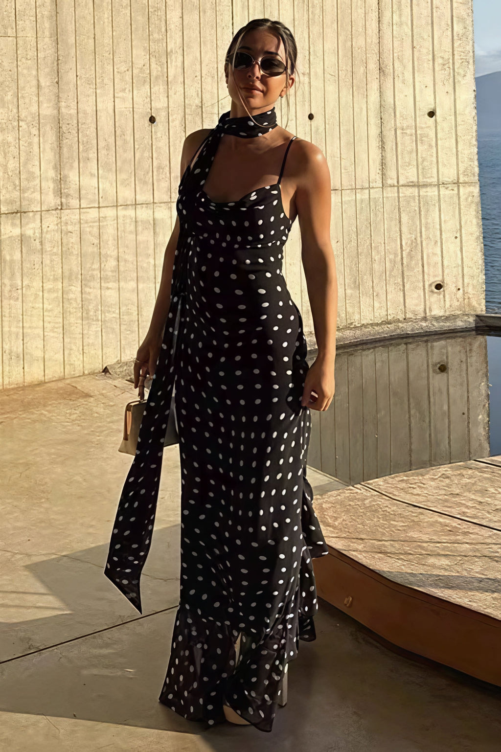 Polka Dot Ruffled Scarf Decor Maxi Dress image 3