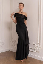 Black One Shoulder Flowy Sleeve Formal Dress image 12