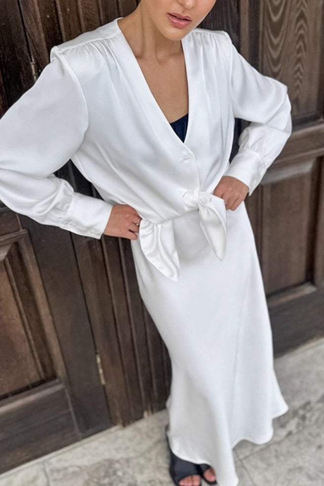 Satin Acetate-like V Neck Tie Long Sleeve Skirt Set image 2