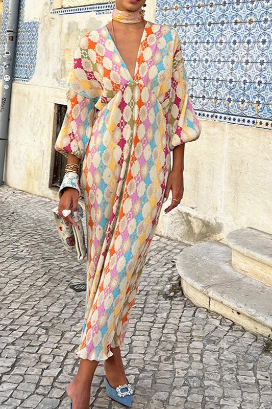 Elegant Floral V-Neck Lantern Sleeve Boho Dress image 1