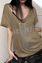 Street Cross Metallic Print Loose Casual T-shirt image 5