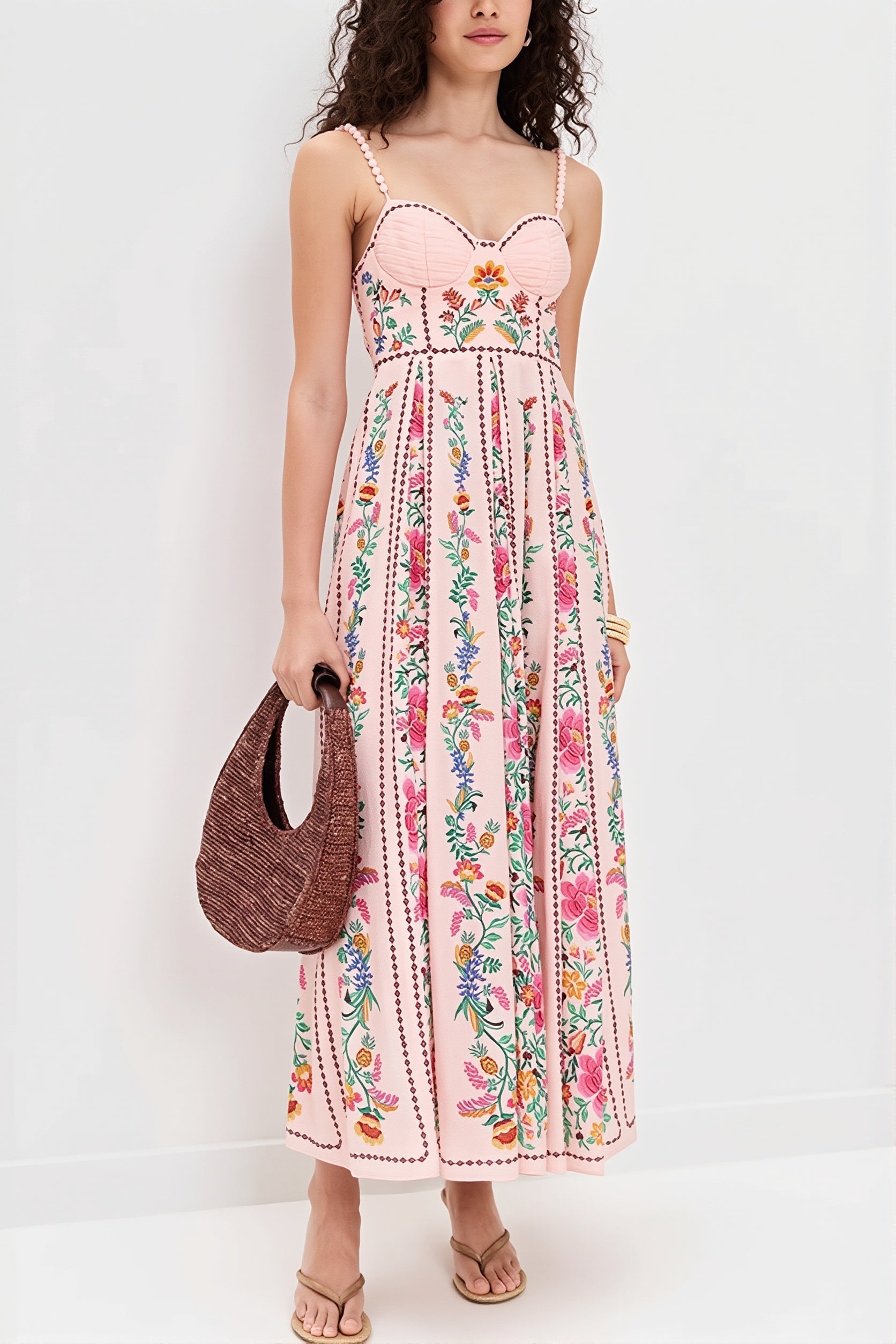 Linen Floral Spaghetti Long Boho Dress image 2