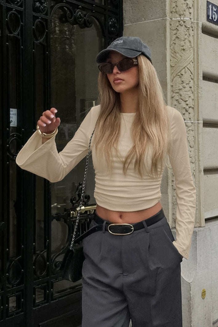 Solid Slim Fit Ruched Crew Neck Long Sleeve Tee image 4