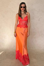 Elegant Sexy Deep V Sheer Lace Patchwork Maxi Dress image 5