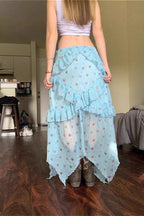 Sheer Floral Low Waist Asymmetrical Ruffle A Line Skirt image 4