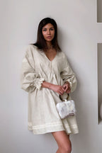 Cotton Linen V Neck Lantern Sleeve Loose Mini Dress image 1