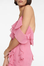 Deep V Halter Pink Ruffle Maxi Dress image 3