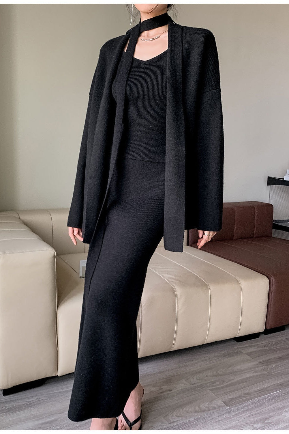 Ribbed High-End Knit Cardigan Tank Wide-Leg Pants Three Piece Set image 14