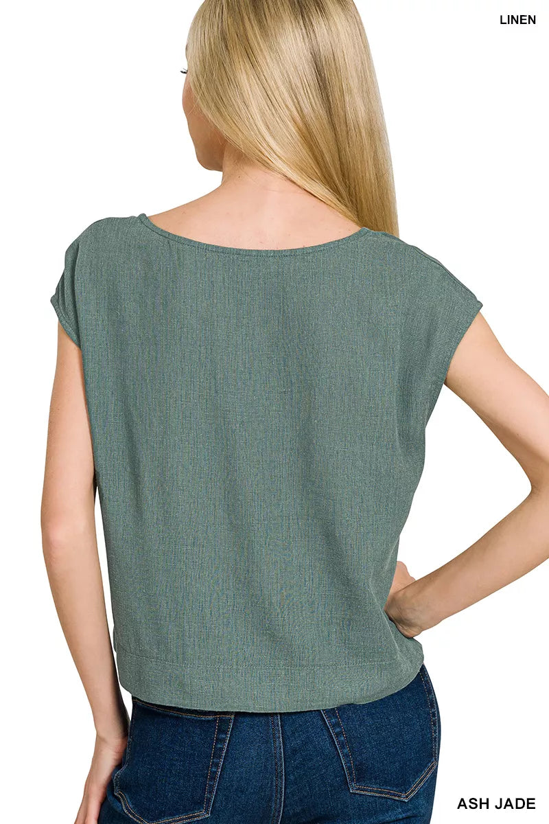 Eloise Linen Top detail view styled for Avrienne