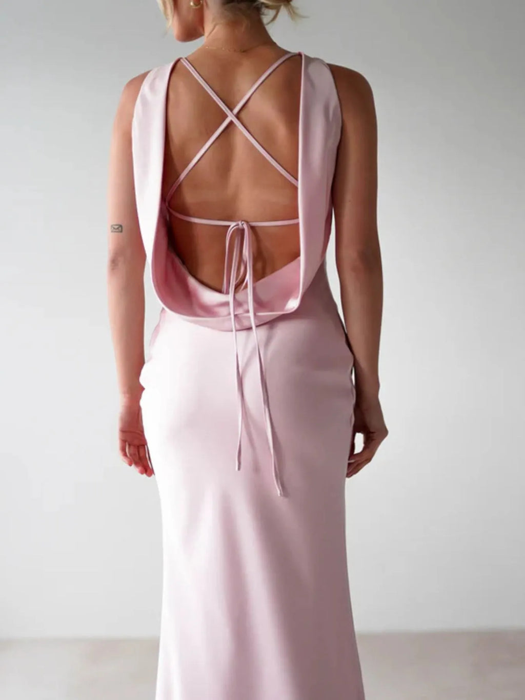 Sylvie Satin Maxi Dress detail view styled for Avrienne