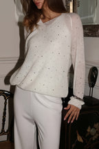 Rhinestone White V Neck Long Sleeve Knit Blouse image 2