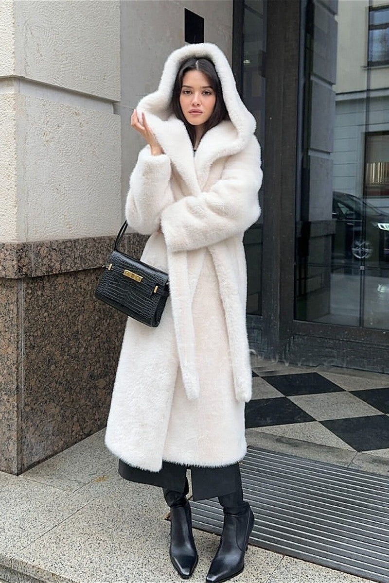 Faux Mink Fur Long Hooded Belted Plush Overcoat image 6