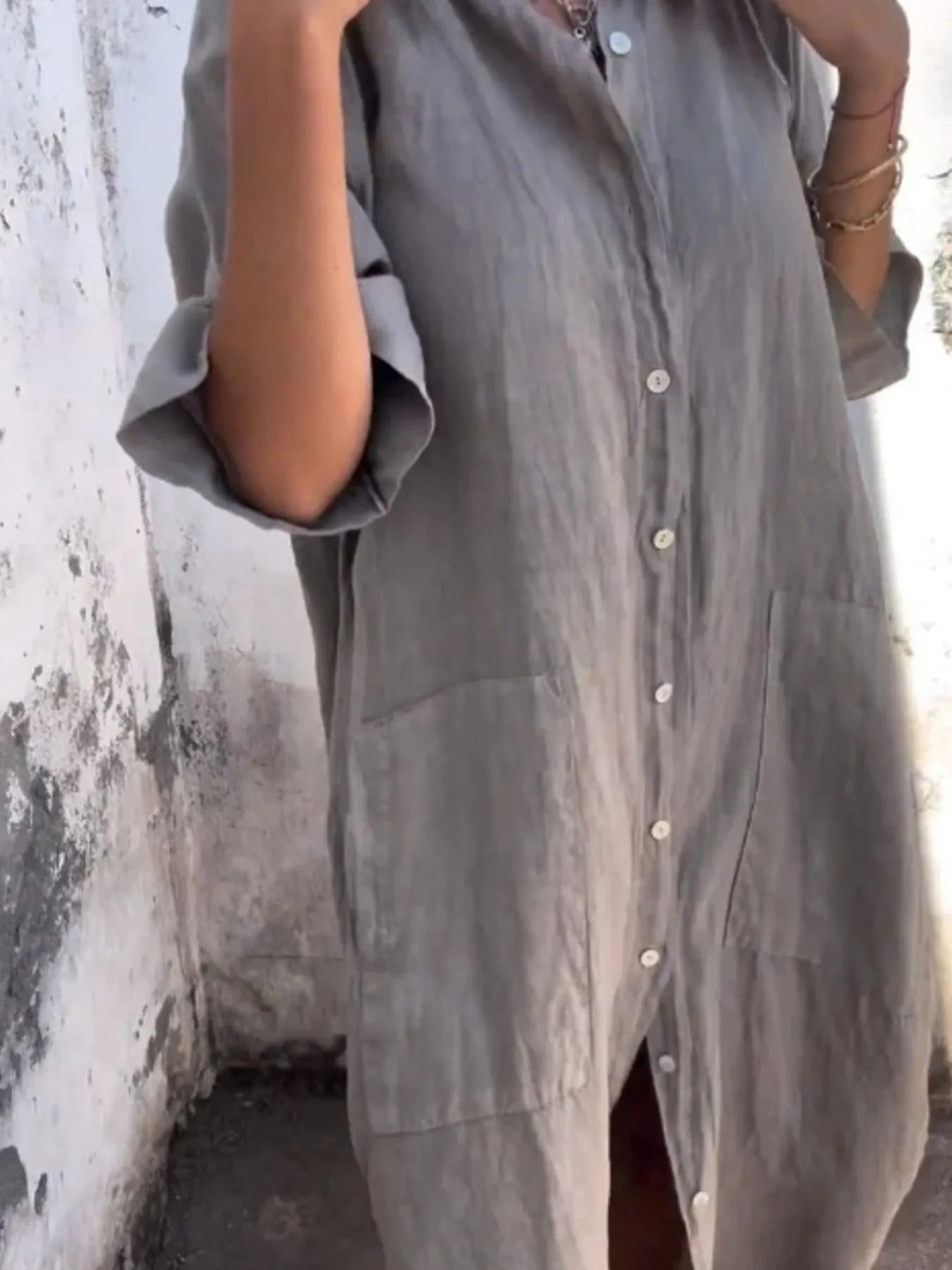 Marseille Linen Shirt Dress detail view styled for Avrienne