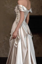Off Shoulder Satin Train Reception Dress image 5