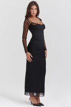 Mesh Lace Patchwork Boned Fitted High Slit Elegant Maxi Dress image 11