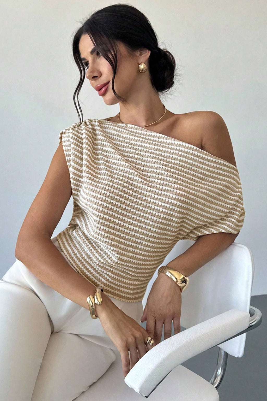 Chic Cold Shoulder Stripe Short Sleeve Knit Blouse image 1