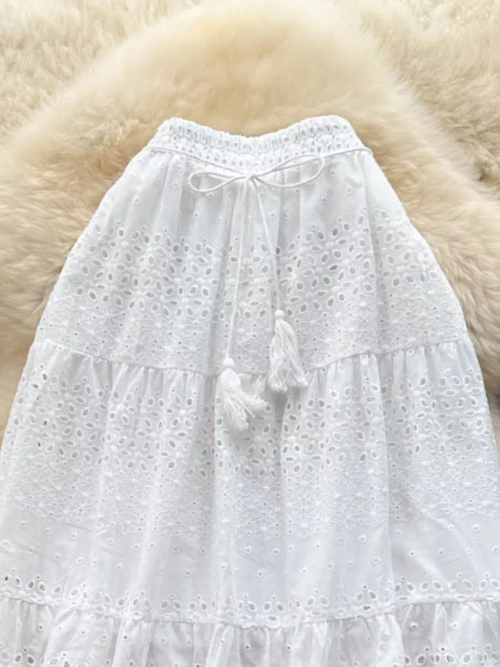 Soleil Eyelet Skirt detail view styled for Avrienne