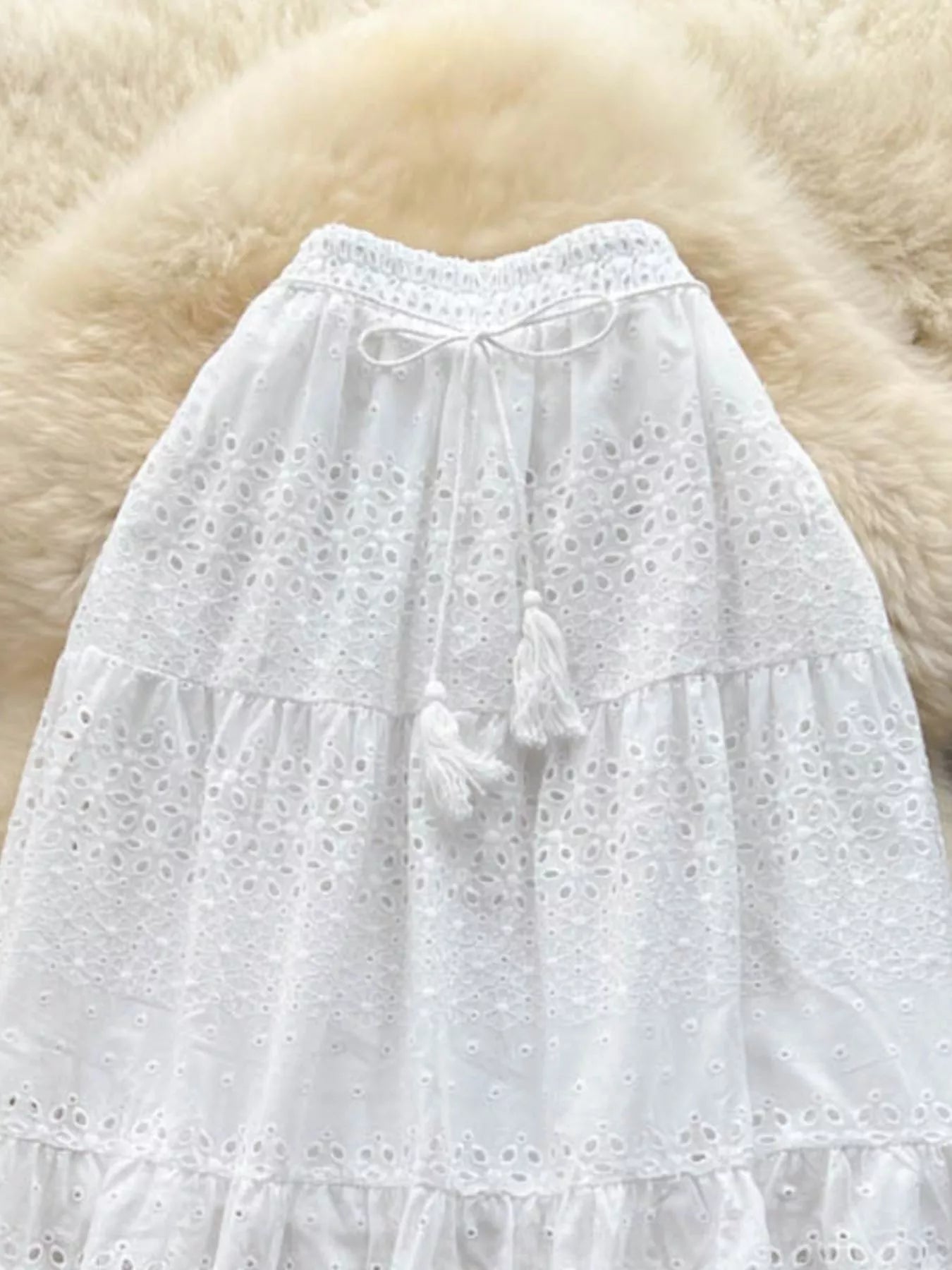 Soleil Eyelet Skirt detail view styled for Avrienne