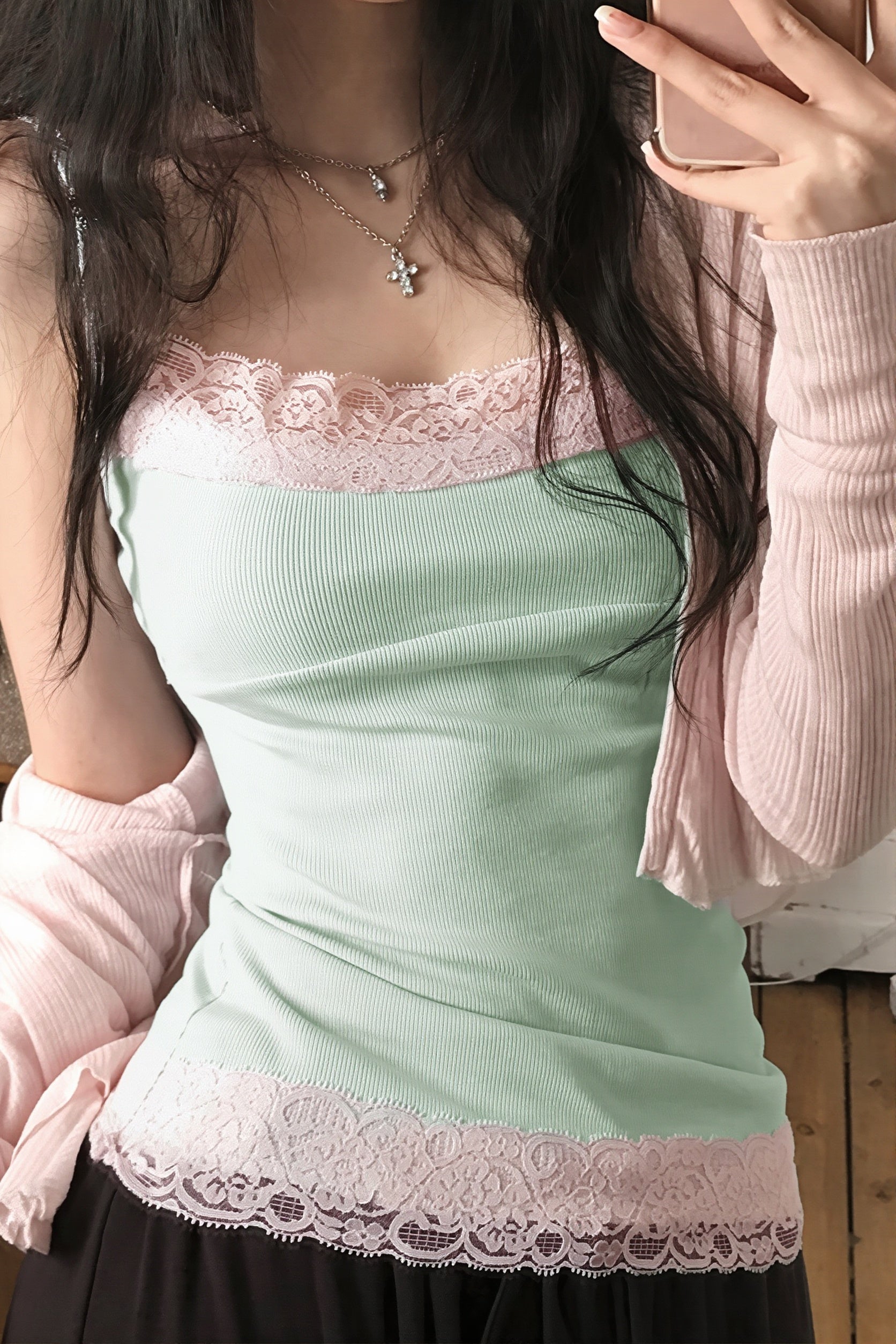Contrast Lace Knit Slim Cami Top image 2