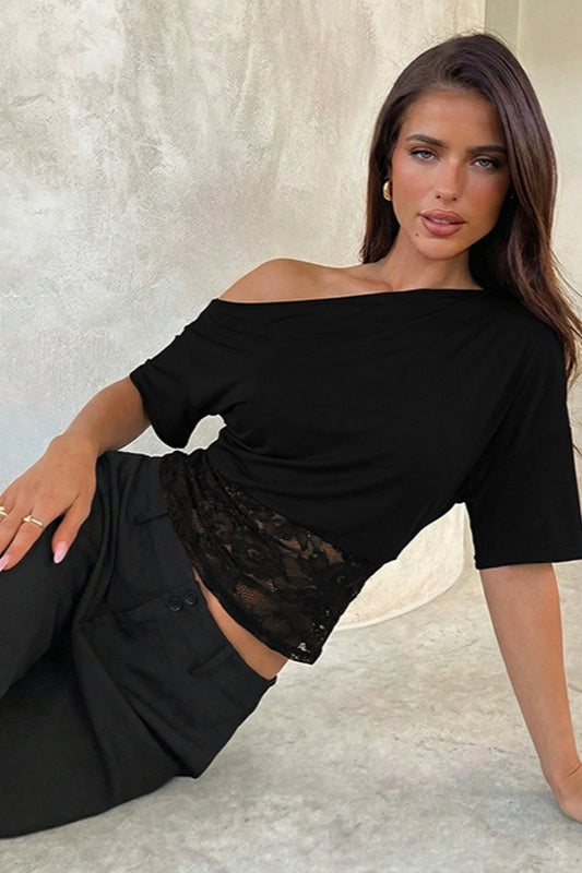 Asymmetric Off Shoulder Lace Waist Slim Crop T-shirt image 7