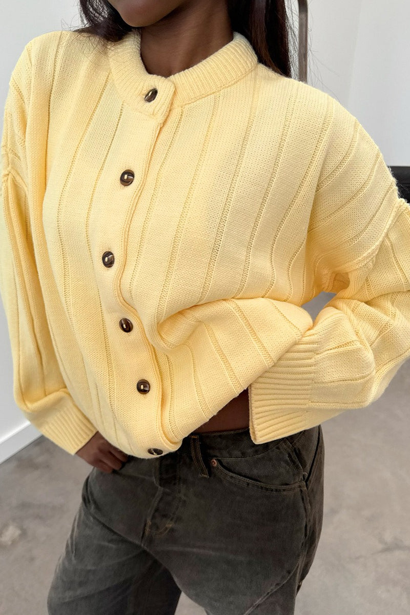 Yellow Ribbed Round Neck Knit Cardigan image 9