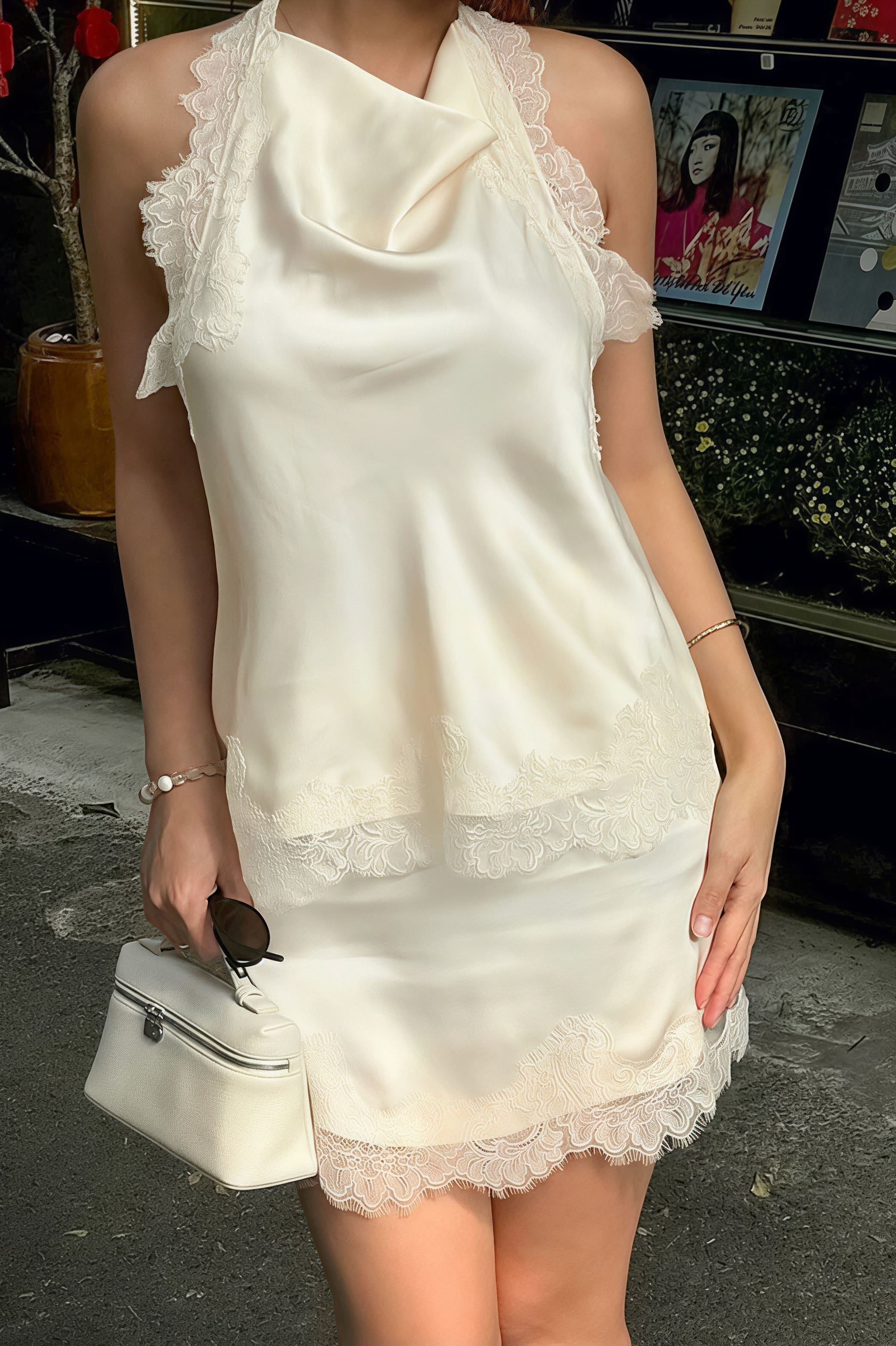 Lace Sleeveless Draped Collar Halter Mini Dress image 1