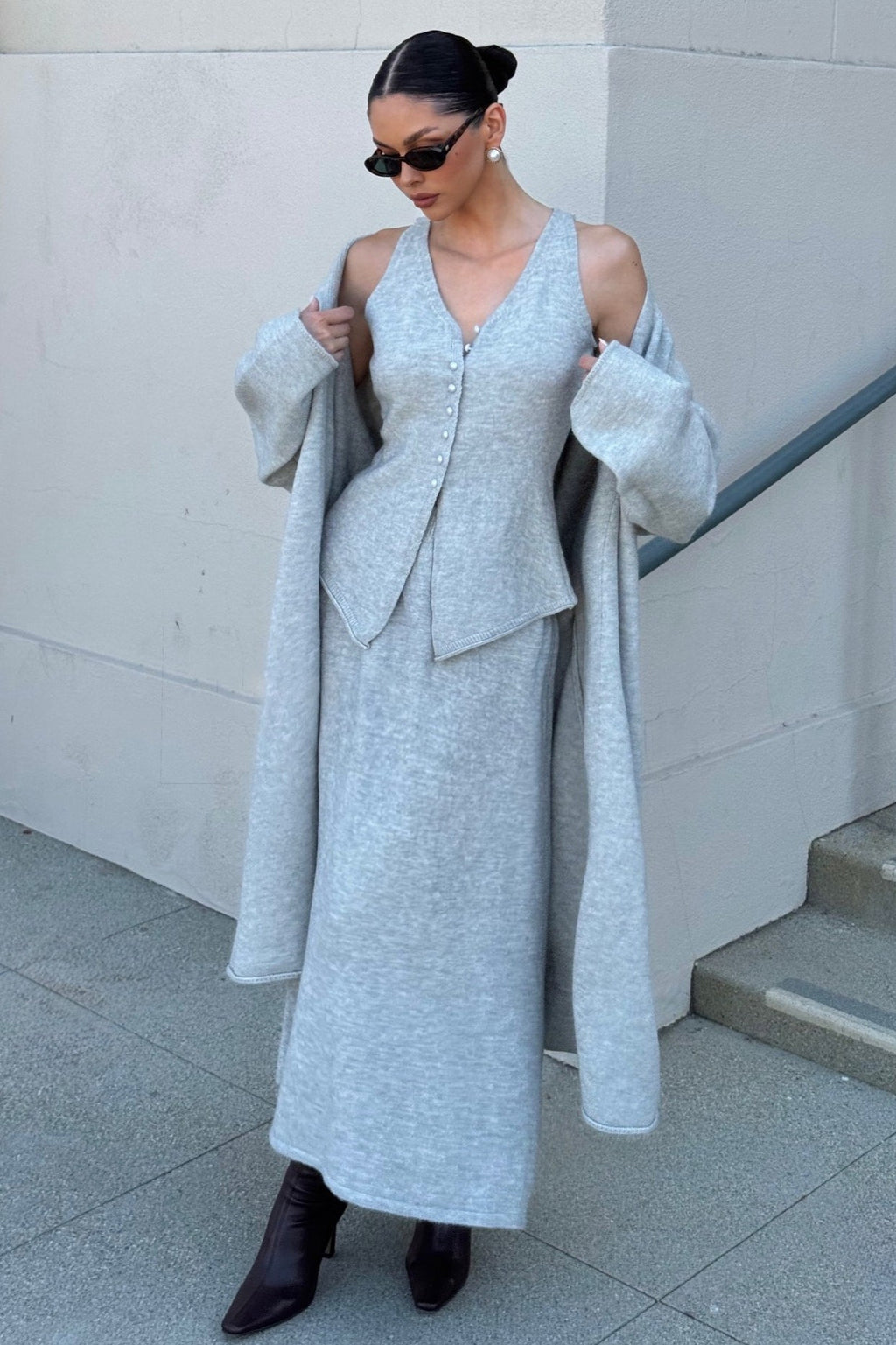 Vintage Gray Knit Jacket Vest & Maxi Skirt Three Piece Set image 1