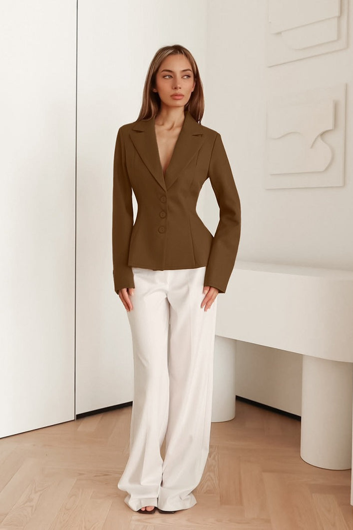 Fitted Waist V-Neck Padded Shoulder Long Sleeve Blazer image 8