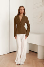 Fitted Waist V-Neck Padded Shoulder Long Sleeve Blazer image 8