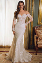 Off Shoulder Lace Long Sleeve Mermaid Wedding Dress image 1