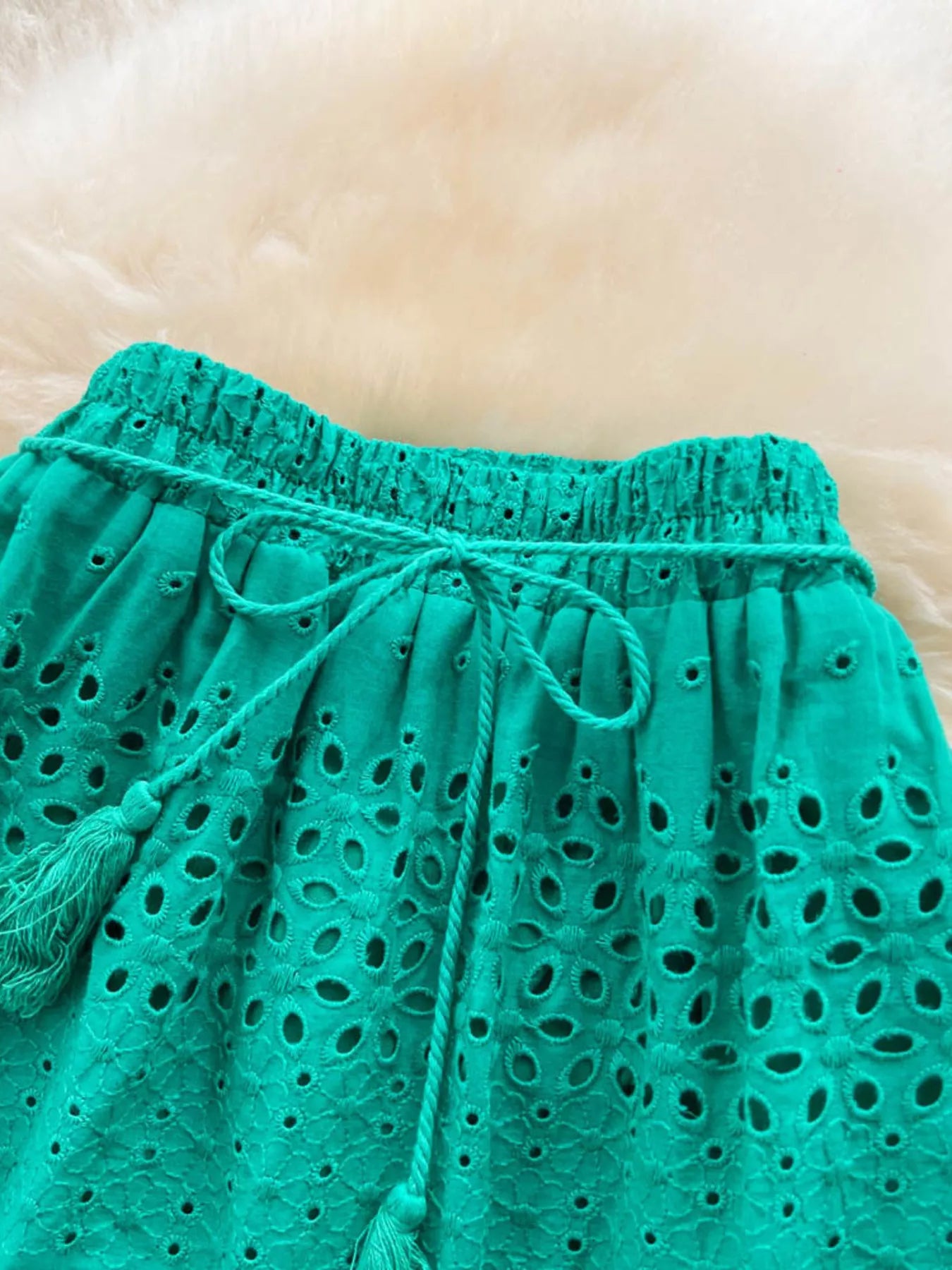 Soleil Eyelet Skirt detail view styled for Avrienne