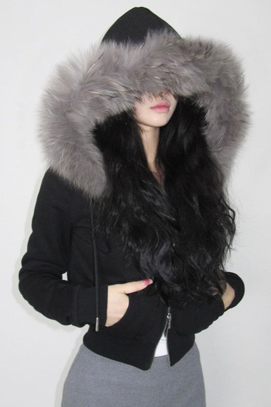Fur Trim Hooded Zip Waist Jacket image 1
