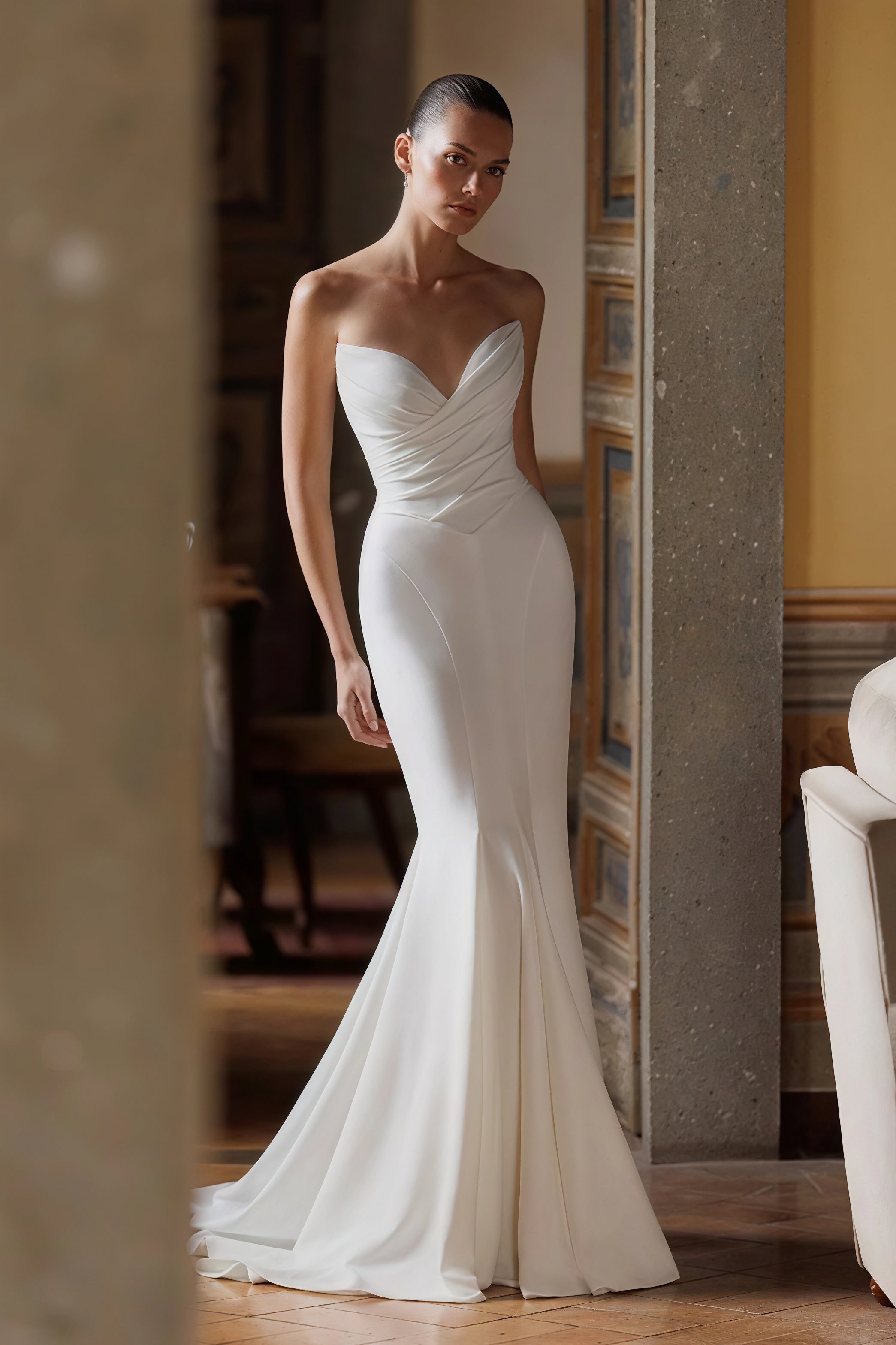 Simple Deep V Strapless Mermaid Train Wedding Dress image 1
