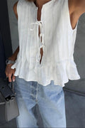 Solid Ruffled Tie Linen Cotton Shirt Tank Top image 1
