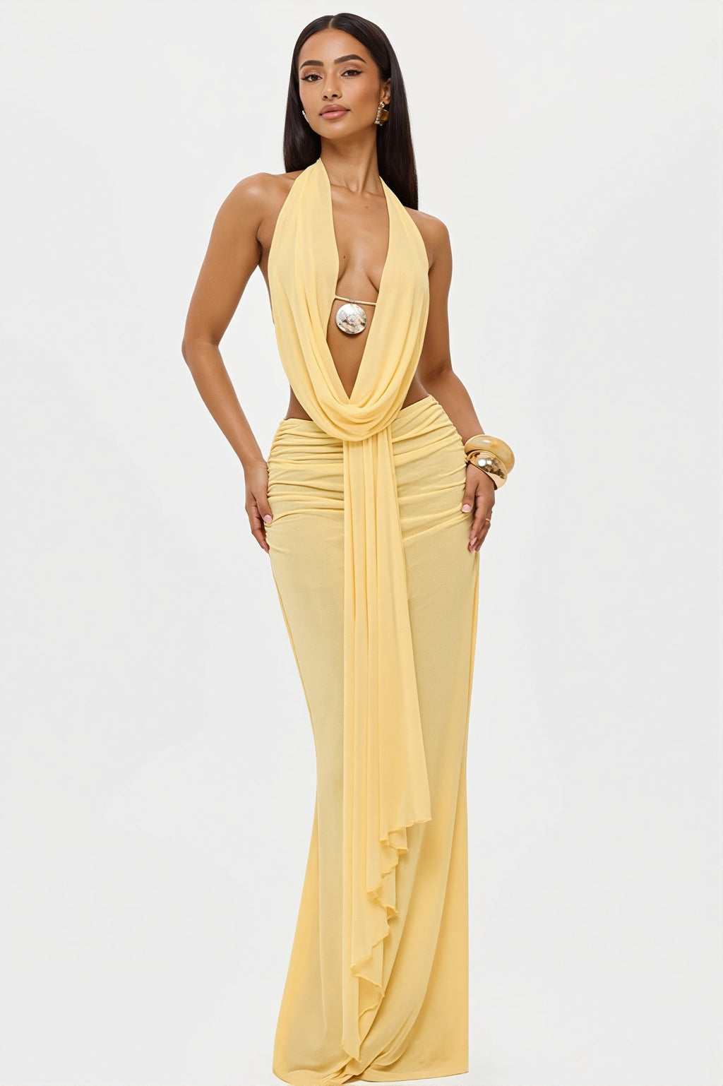 Sexy Cowl Neck Ruched Halter Backless Crop Top Skirt Sets image 2