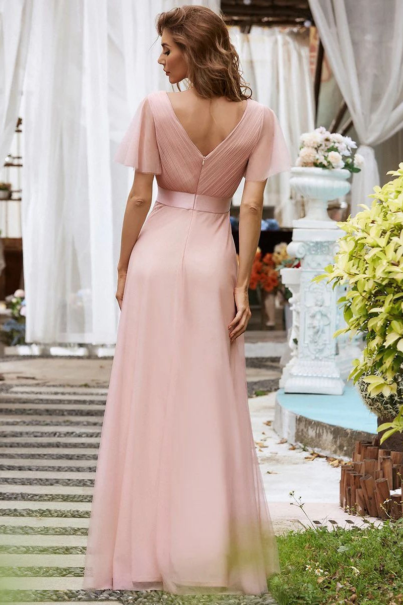 V Neck Mesh Elegant Ruffle Long Reception Dress image 6