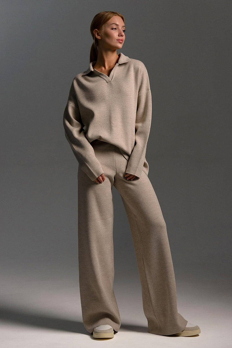 Polo Collar Knit Pullover Wide-Leg Pants Two Piece Set image 4