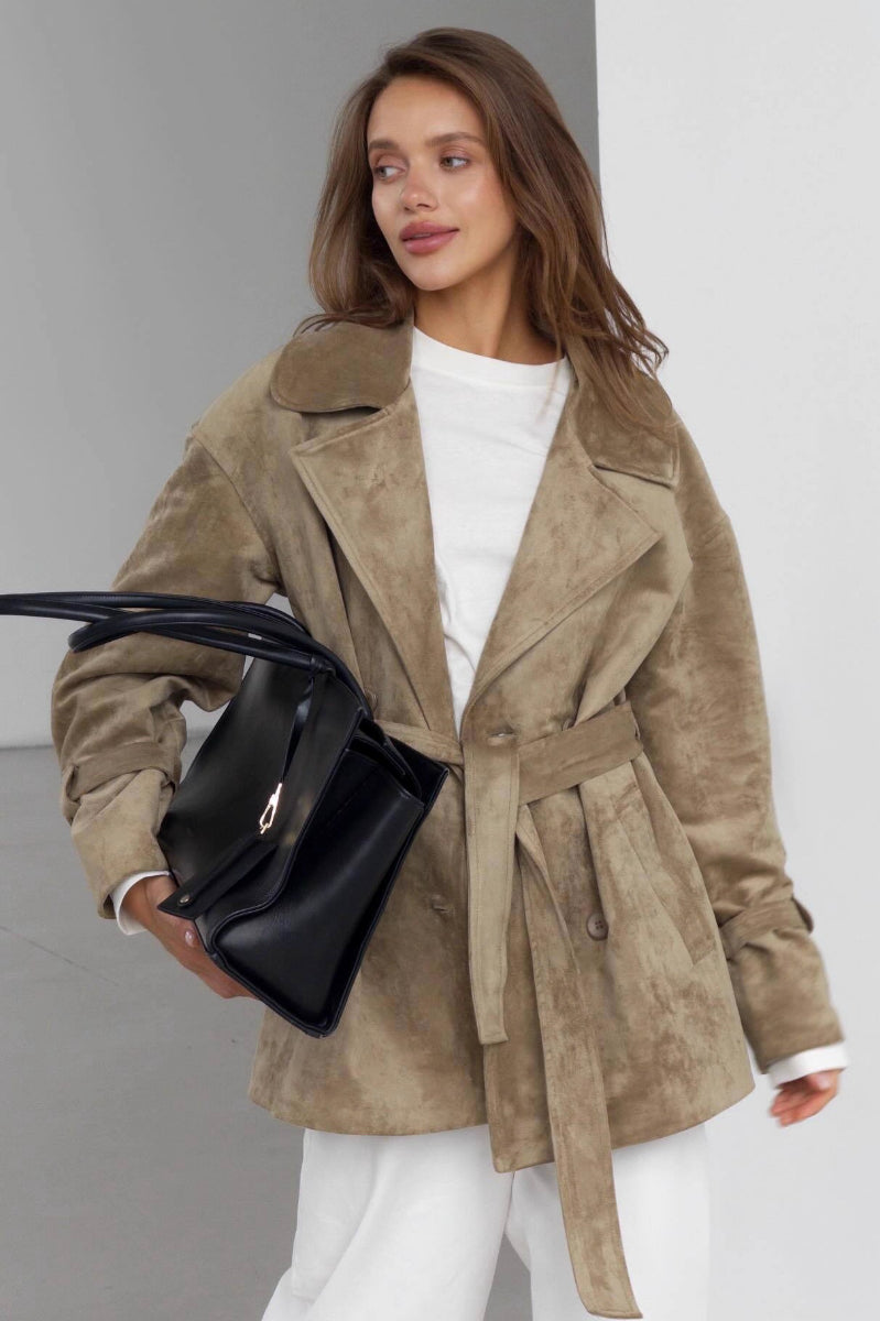 Vintage Suede Lapel Tie Waist Jacket Coat image 1
