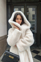 Faux Mink Fur Long Hooded Belted Plush Overcoat image 3