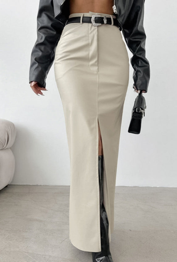 Khaki PU Leather High Waist Split Midi Skirt image 2