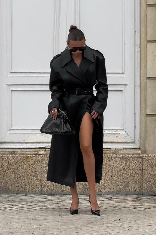 Knee-Length Heavy-Detail Faux Leather Overcoat image 2