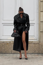Knee-Length Heavy-Detail Faux Leather Overcoat image 2